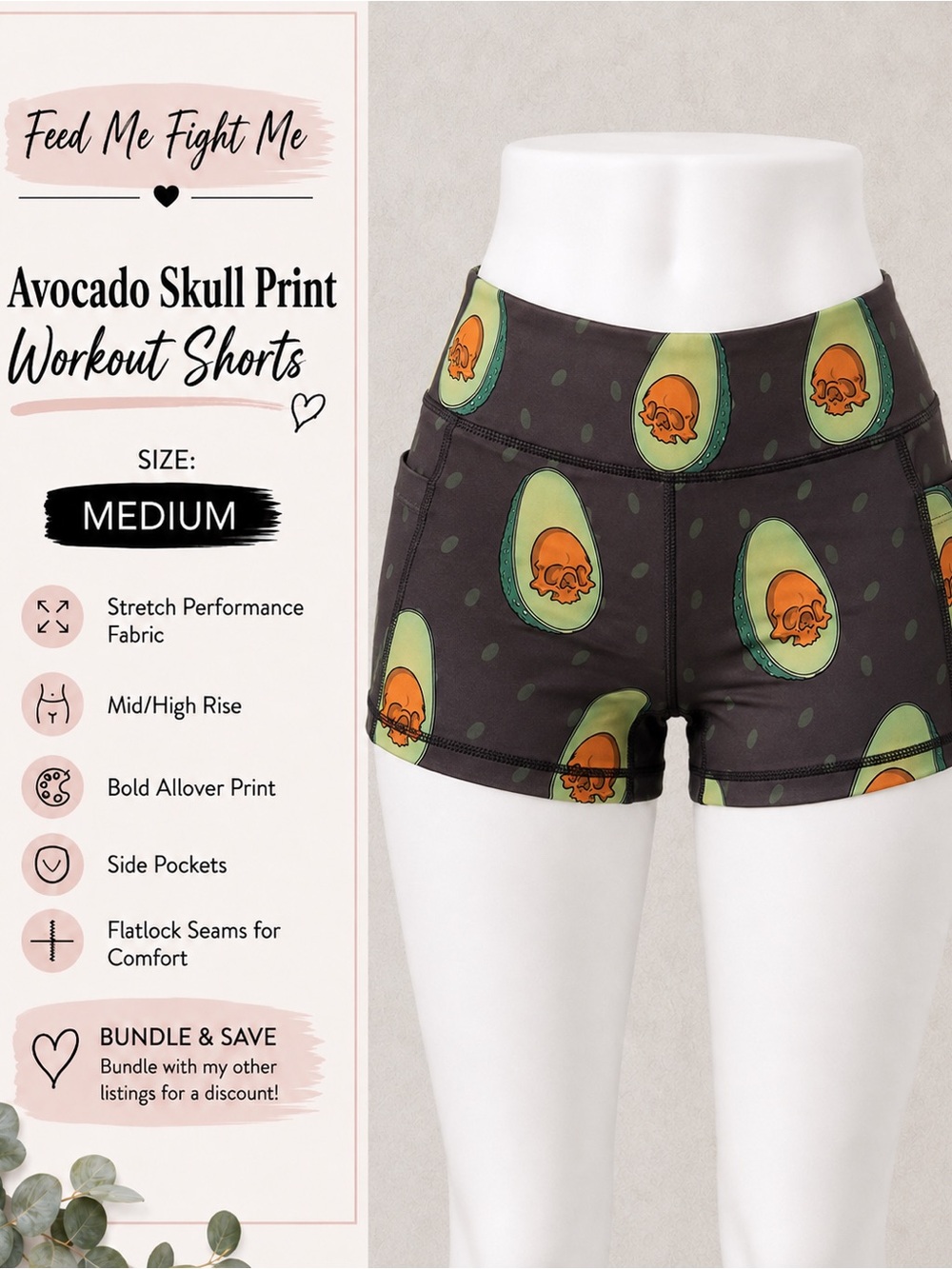 Feed me fight me medium Avocado Skull Print Workout Shorts - Black/Green fmfm